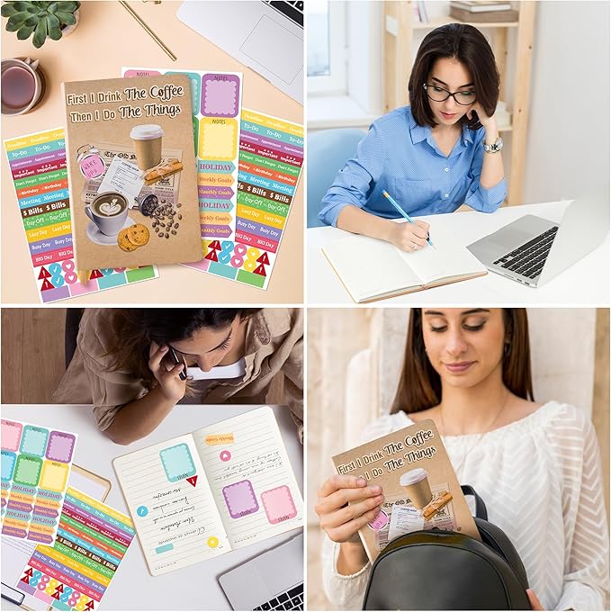 B1ykin Hardcover Ruled Journal Notebook with Planner Stickers, 196 Pages PU Leather Journal Notebook Journals Diary Notepad for Writing Travel Business Work School College Note Taking (Coffee)-DeskLoop Office