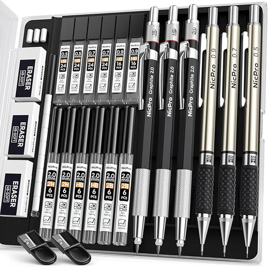 Nicpro 6PCS Art Mechanical Pencil Set, 3PCS Metal Drafting Pencil 0.5 mm & 0.7 mm & 0.9 mm & 3PCS 2mm Graphite Lead Holder (2B HB 2H) For Writing, Sketching Drawing With Lead Refills Case-DeskLoop Office
