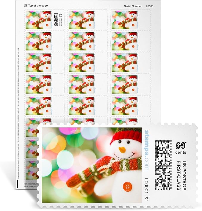 Snowman Hugs NetStamps 120-Pack (5 Sheets) Printable Postage Labels (Stamps.com Subscription Required) - Print Approved Postage - Inkjet & Laser Printers - Business, Personal, Home-DeskLoop Office