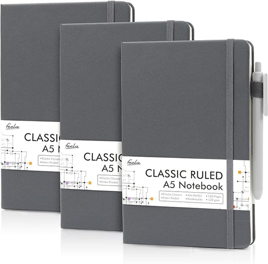 feela 3 Pack Notebooks Journals Bulk with 3 Black Pens, A5 Hardcover Notebook Classic Ruled Lined Journal Set with Pen Holder for Work Business Journaling Note Taking, 120 GSM, 5.1”x8.3”, Gray-DeskLoop Office