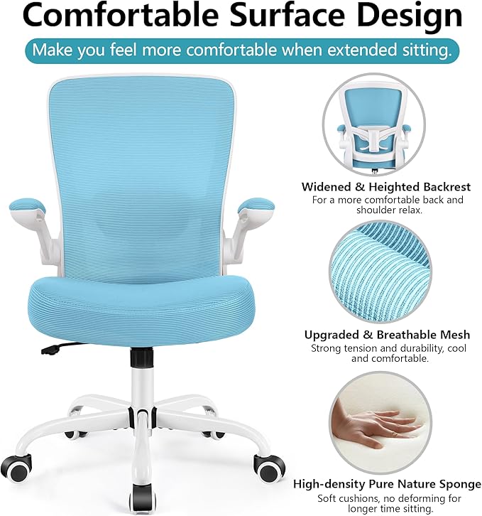 FelixKing Office Chair, Ergonomic Desk Chair Breathable Mesh Chairs with Adjustable High Back Lumbar Support Flip-up Armrests, Executive Swivel Comfy Task Computer Chairs for Home Office Blue-DeskLoop Office