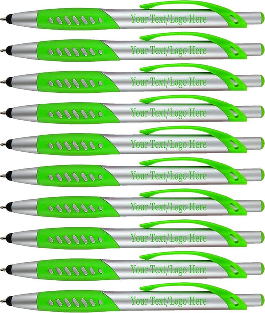 Personalized Pens With Custom Logo or Text-300 Pack Bulk-for Businesses, Parties, and Events, 2 in 1 Ballpoint Pen & Capacitive Stylus for Touchscreen Devices, Click Action, Black Ink, Light Green-DeskLoop Office