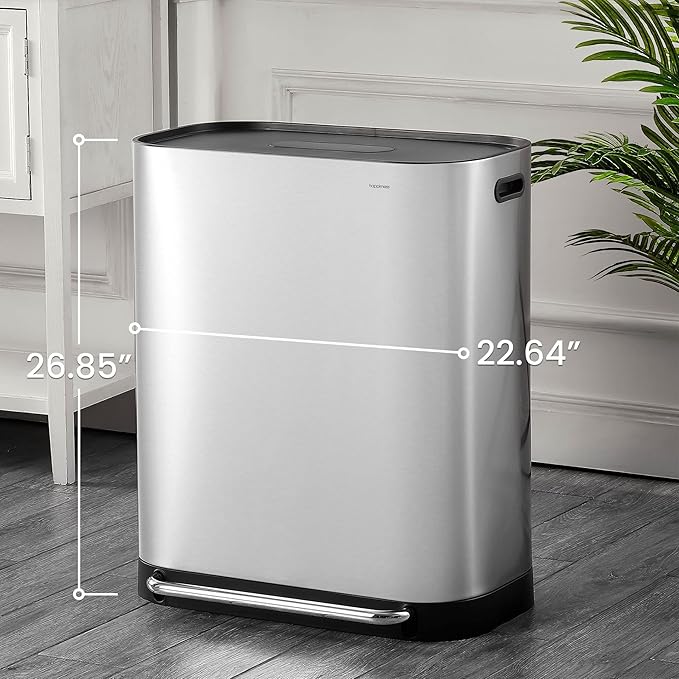 happimess HPM1014A Beni Kitchen 16-Gallon Double-Bucket Step-Open Trash Can with Soft-Close Lid, Modern, Minimalistic, Fingerprint Proof for Home, Kitchen, Laundry Room, Office, Bathroom, Chrome-DeskLoop Office
