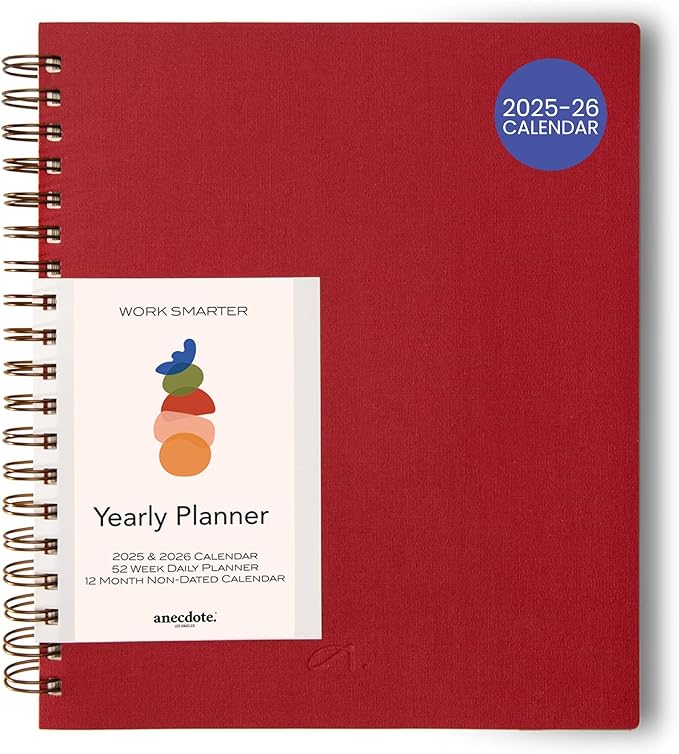 Anecdote 2025 Planner (8.5" x 10") Daily Planner Weekly Monthly Planner - 52 Weeks w/Library Buckram Cover, Brass Spiral - A4 Size Bleed-Resistant Paper – Red-DeskLoop Office