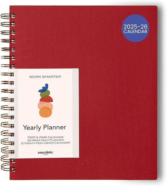 Anecdote 2025 Planner (8.5" x 10") Daily Planner Weekly Monthly Planner - 52 Weeks w/Library Buckram Cover, Brass Spiral - A4 Size Bleed-Resistant Paper – Red-DeskLoop Office