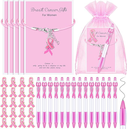 192 pcs Breast Cancer Awareness Items Bulk Pink Cancer Patients Survivor Gifts Include Pink Ribbon Pens Pins Bracelets Organza Bags Cancer Survivor Campaign Supplies for Theme Charity Event-DeskLoop Office