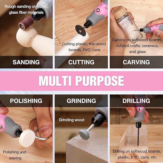 WORKPRO Cordless Rotary Tool Kit with 71pcs Accessories, 3 Variable Speeds, USB Rechargeable Mini Rotary Tool for Engraving, Sanding, Polishing, Carving, Cutting, DIY Crafts - Pink Ribbon-DeskLoop Office