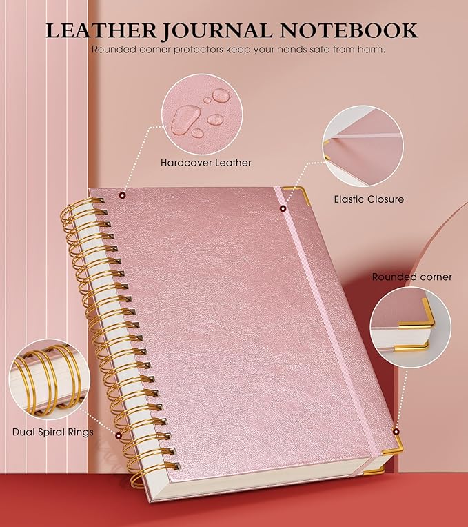 Spiral Notebook Journal 8.5” x 11”, 300 Pages Hardcover Leather Lined Journals for Women Men, A4 Large College Ruled Notebooks with 100 GSM Thick Paper, Spiral Journal for Writing Work School, Pink-DeskLoop Office