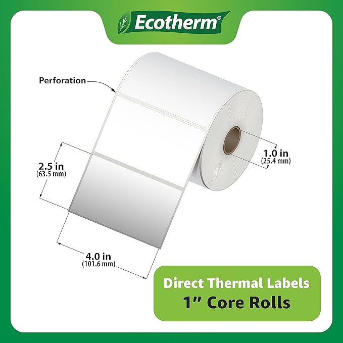 4" x 2.5" Thermal Labels | 4 Rolls | 2400 Labels | fits Zebra, Munbyn, Rollo, Godex, Arkscan, iDPRT, Offnova Thermal Label Printers and More | Blank White Adhesive Stickers by Ecotherm-DeskLoop Office