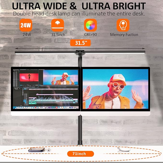 Double Head LED Desk Lamp, Architect Desk Lamps for Home Office, 24W Brightest Workbench Office Lighting-5 Color Modes and 5 Dimmable Eye Protection Modern Desk Lamp for Monitor Reading-DeskLoop Office