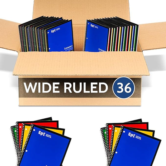 EPI Spiral Notebook | 3 Subject - Wide Ruled - 120 Sheets, Durable Spiral Binding | 10.5 x 8 in | Classroom Supplies | School, Office, Note Taking, Journaling - 36 Pack-DeskLoop Office