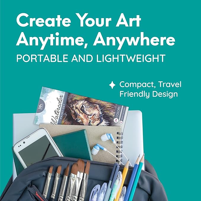 MozArt Supplies Watercolor Paint Essentials Set - Lightweight and Portable Metal Box - Lid Has 3 Partitions for Color Mixing - Easy-to-Blend Non-Toxic Formulation - 24 Vibrant Colors with Paintbrush-DeskLoop Office