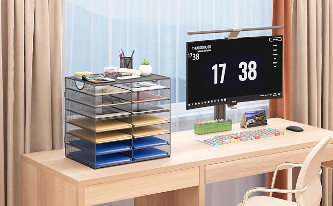 EasyPAG 14-Slot Mesh Desk File Organizer with Handle, Metal Frame Paper Tray for Classroom/Office/Home - Easy Assembly, Durable Tiered Sorter & A4/Letter Size, Silver-DeskLoop Office
