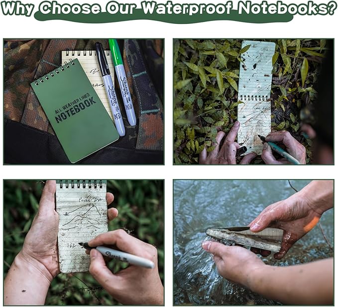 10 Pack Waterproof Notebook, All-Weather Pocket Sized Tactical Notepad, Top Spiral Memo Grid Paper Notepad for Outdoor Activities Recording(Army Green, 3"x5")-DeskLoop Office