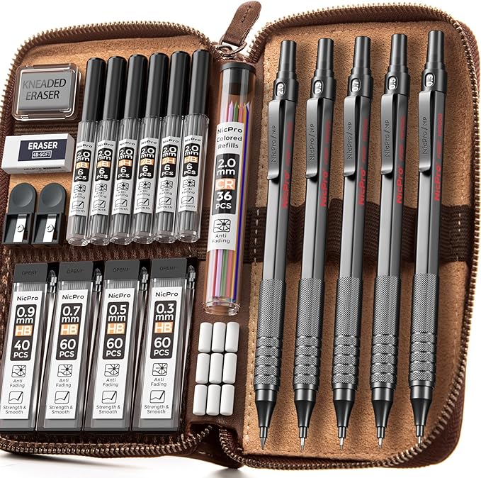 Nicpro 20PCS Black Metal Mechanical Pencil Set in Leather Case, Drafting Pencil 0.3, 0.5, 0.7, 0.9 mm & 2mm Lead Holders, 9 Tube (4B 2B HB 2H Colors) Lead Refills, Erasers For Art Sketching Drawing-DeskLoop Office