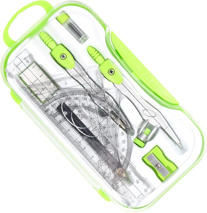 10 Pieces Math Geometry Kit Set Student Supplies with Shatterproof Storage Box,Includes Rulers,Protractor,Compass,Eraser,Pencil Sharpener,Lead Refills,Pencil,for School and Drawings(Green)-DeskLoop Office