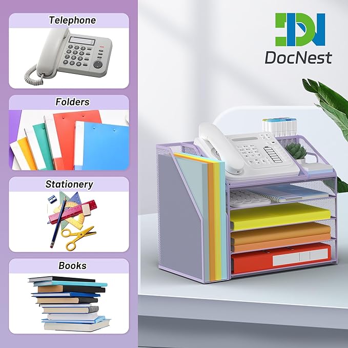 DocNest 5 Tier Paper Letter Tray File Organizer, Mesh Desk File with Handle, Workspace Desk Organizers with Pen Holder, Office Organization Storage Accessories - Purple-DeskLoop Office