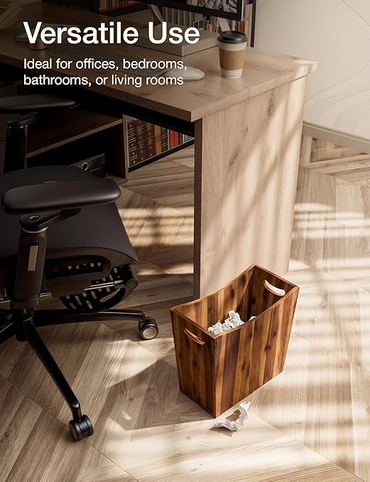 3 Gallons Rectangular Wastebaskets - Acacia Wood Waste Basket with Handles - Small Trash Can for Bathroom - Brown Garbage Bin for Spa Bathroom Decorative, Kitchen Counter, Living Room (Walnut)-DeskLoop Office