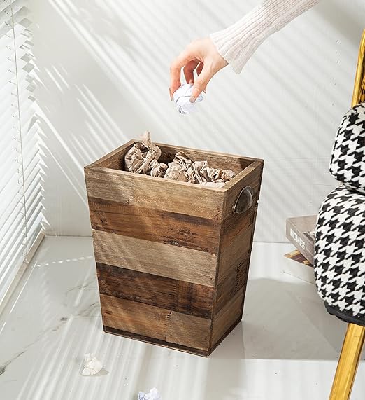 Small Wood Trash Can, Farmhouse Rectangular Garbage Can Waste Basket, Rustic Distressed Reclaimed Wood Wastebasket, Vintage Wooden Trash Recycling Bin Storage Basket with Metal Handles (Natural)-DeskLoop Office