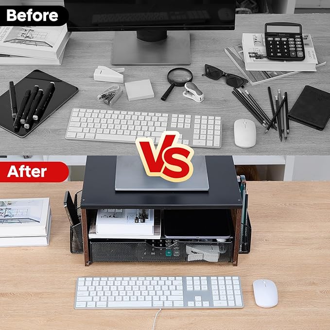 Printer Stand,Desktop Printer Stand with 2-Tier Storage Shelves for Home Office,Desk Organizer with Drawer and 2 Pen Holders for Fax Machine Scanner Files