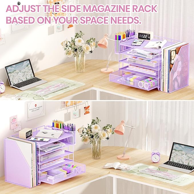 Desk Organizers and Accessories, 5-Tier Paper File Organizer with Drawer & Pen Holder, Office Desk Accessories Workspace Desktop Organizer for Office Supplies((Purple)-DeskLoop Office