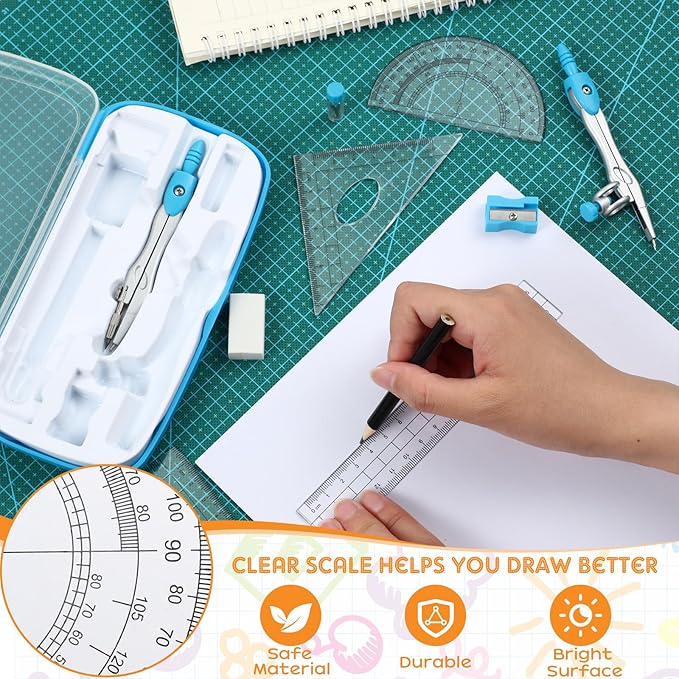 Teling 24 Sets Math Geometry Kit for Students 10 Pcs Compass Geometry Tools Set Includes Rulers Protractor Compass Eraser Pencil Sharpener Lead Refills Pencil (Multi Color)-DeskLoop Office