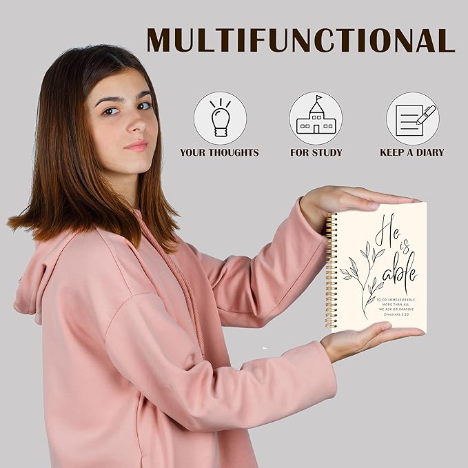 Qabliqo Christian Spiral Notebooks, Ephesians 3:20 Bible Journals for Writing, Religious Christian Journal for Women Men, He Is Able Bible Scripture Notebook for Note Taking, 5.5x8.3 Inch-DeskLoop Office