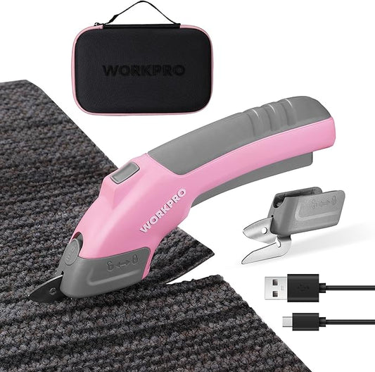 WORKPRO 4V Cordless Electric Scissors With 2 blades, Fabric, Leather, Carpet and Cardboard Cutter, 2000mAh Rechargeable Powerful shears with Storage Case-DeskLoop Office