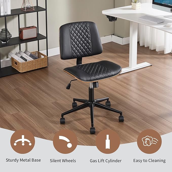 Small Home Office Chair - Armless Mid Back Desk Chair with 360° Swivel and Wheels, PU Upholstered Height Adjustable Modern Walnut Computer Chair for Home, Office Meeting Room - Black-DeskLoop Office