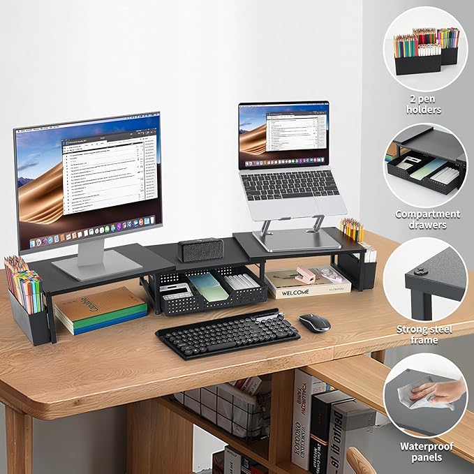 Desk Dual Monitor Stand Riser - Desk Organizer with Drawer and Pen Holders, Office Desk Accessories & Workspace Organization, Computer Monitor Stand for Laptop, Printer, TV(BLACK)-DeskLoop Office