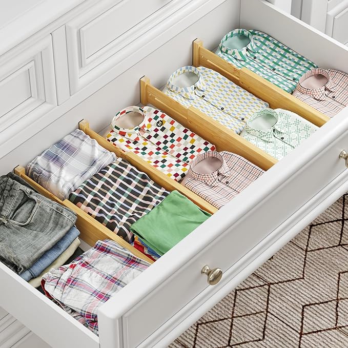 BAMEOS 4 pcs 3" High Bamboo Drawer Dividers Adjustable Drawer Organizer Expandable Drawer Organization Utensil Organizers for Kitchen Dresser Bathroom Bedroom and Office-DeskLoop Office