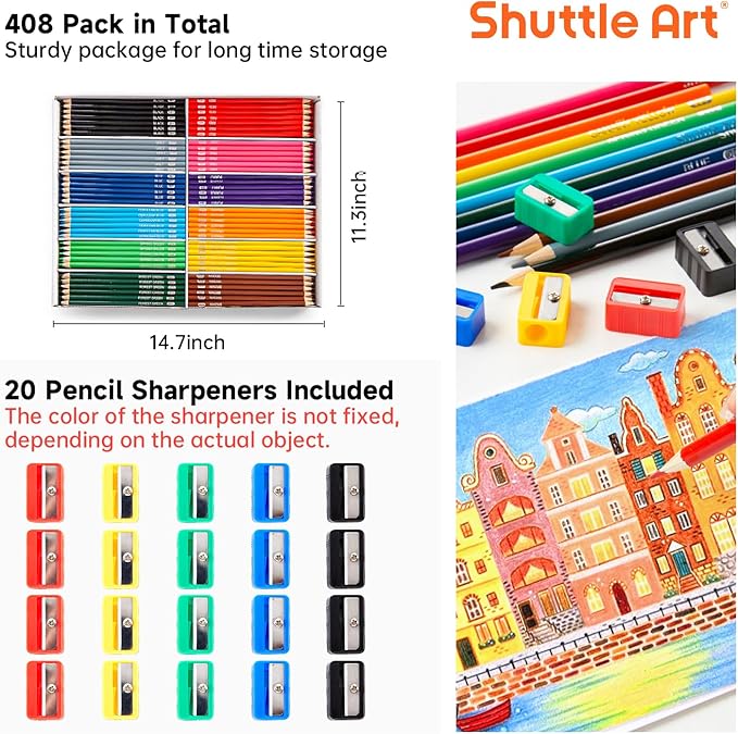 Shuttle Art Colored Pencils Bulk, 408 Pack Coloring Pencil Set Plus 20 Sharpeners, 12 Assorted Colors, Classroom Pack School Supplies-DeskLoop Office