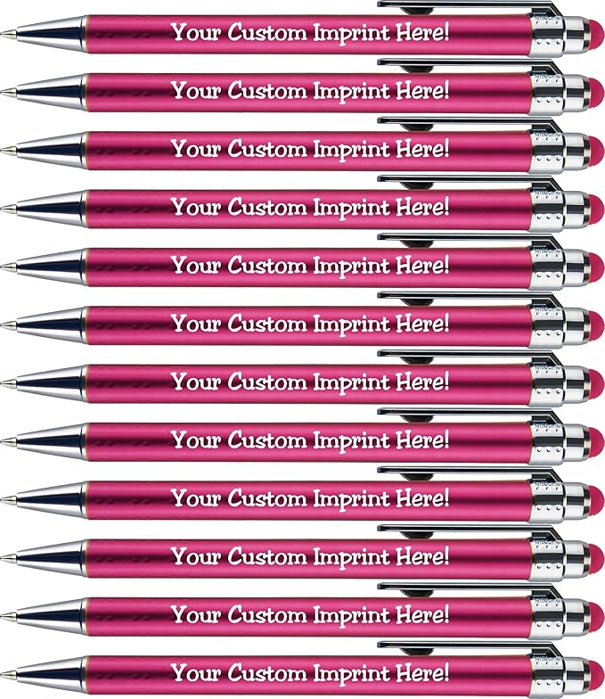 Personalized Pens with Stylus Tip -Bright Vibes- Click action - Custom - Black writing - Printed Name pens - Imprinted with Your Logo or Message - FREE PERSONALIZATION - 12 Pens/Box (Pink)-DeskLoop Office