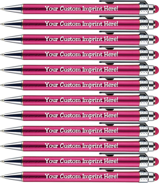 Personalized Pens with Stylus Tip -Bright Vibes- Click action - Custom - Black writing - Printed Name pens - Imprinted with Your Logo or Message - FREE PERSONALIZATION - 12 Pens/Box (Pink)-DeskLoop Office