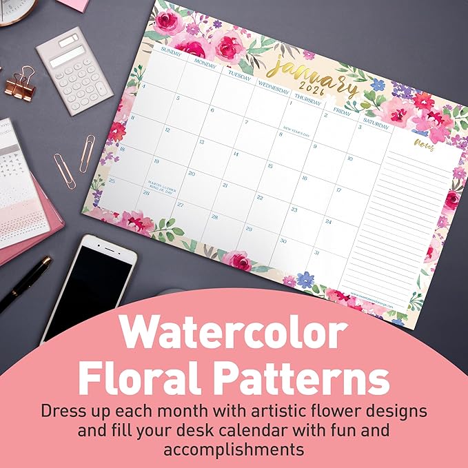 S&O Watercolor Floral Large Desk Calendar from July 2025 to Dec 2026 - Tear-Away Table Calendar 2025-2026 - Desktop Blotter - Academic Desk Planner - Desk Pad Large - 11x17in-DeskLoop Office