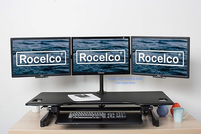 Rocelco 46" Large Height Adjustable Standing Desk Converter with Triple Monitor Mount BUNDLE - Quick Sit Stand Up Computer Workstation Riser - Retractable Keyboard Tray - Black (R DADRB-46-DM3)-DeskLoop Office