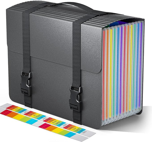 Accordion File Organizer,Expanding File Folders with Handle,13 Pockets Expandable Filing Folders,Tabs Included in Filing Box,Adjustable Strap,Bill Documents Organizer,A4/Letter Size,Black-DeskLoop Office