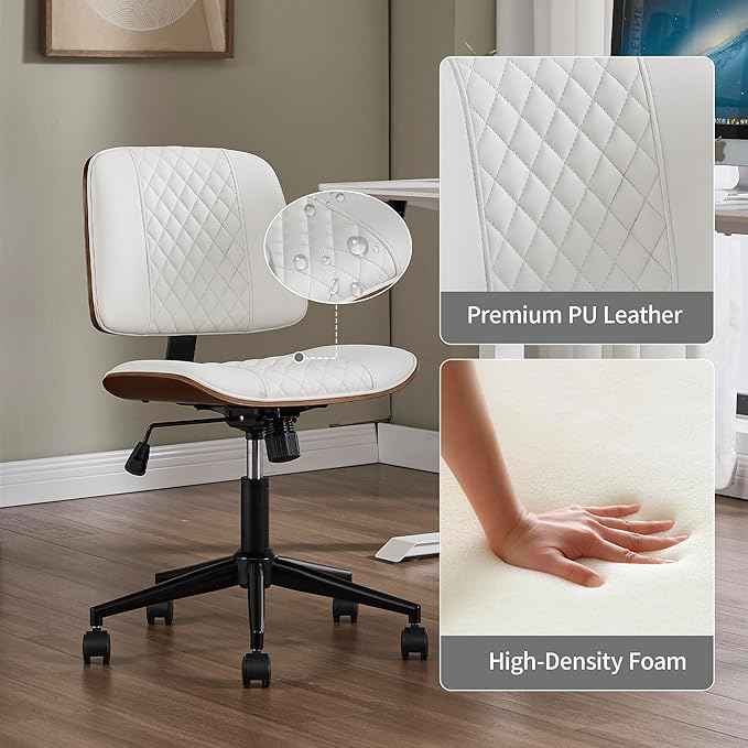 Small Home Office Chair - Armless Mid Back Desk Chair with 360° Swivel and Wheels, PU Upholstered Height Adjustable Modern Walnut Computer Chair for Home, Office Meeting Room - White-DeskLoop Office