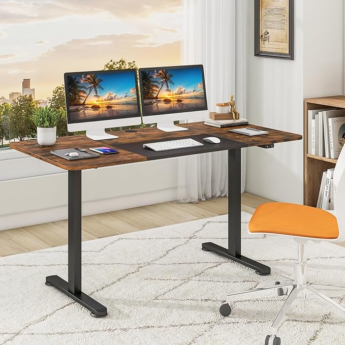 GOFLAME Height Adjustable Electric Standing Desk, 55 x 28 Inch Sit Stand Up Electric Desk with Metal Frame, Ergonomic Standing Workstation for Study, Office, Living Room, Brown-DeskLoop Office