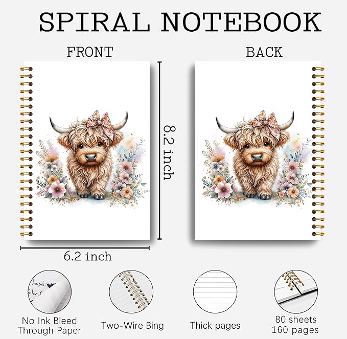 Floral Highland Cow Notebook - Western Notebook, Cow Notebook, Highland Cow Office Supplies, Highland Cow Gifts, Cute Highland Cow Stuff, Farmhouse Highland Cows Spiral Notebook 5.5x8.3-DeskLoop Office