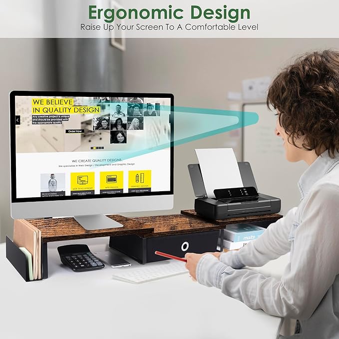 Dual Monitor Stand Riser With Drawer, Office Desk Organizers And Accessories, Computer Monitor Riser For 2 Monitors For Desk, Monitor Shelf With Adjustable Length & Angle-DeskLoop Office