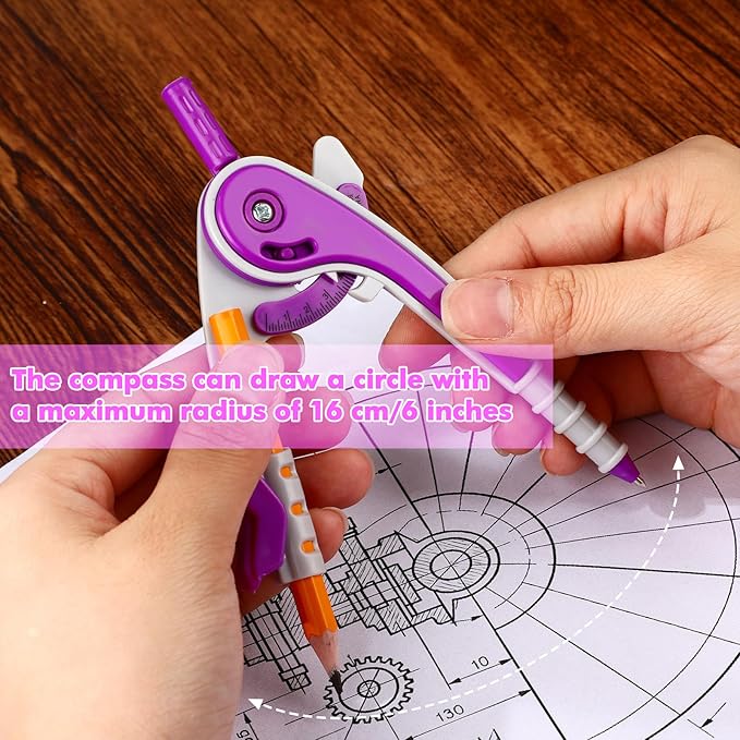 Zonon 1 Set Plastic Geometry Math Set 7 Pcs Includes 6'' / 4 '' Protractor, Drawing Compass, 45/60 Degree Triangle Rulers, 12'' / 6'' Math Ruler Transparent for Office Supplies(Purple)-DeskLoop Office