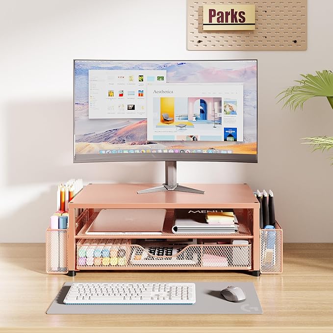 Desk Organizers and Accessories, 2-Tier Computer Monitor Stand with Drawer and 2 Pen Holders, Laptop Stand, Office Desk Accessories for Office Supplies, Rose Gold-DeskLoop Office