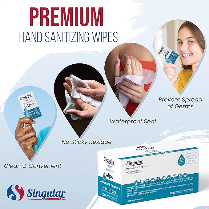 Hand Sanitizing Wipes Travel Size by Singular Wipes – 100ct Individually Wrapped | Fresh Citrus Scent, Moisturizing, 70% Alcohol Wipes | Travel, Office, School, Home | Made in USA-DeskLoop Office