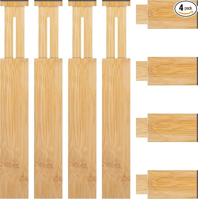 FJO 4 Pack Adjustable Bamboo Drawer Dividers - 12.5" - 21.7" Expandable Drawer Separators for Kitchen, Utensils, Clothes, Bedroom, Dresser, Bathroom (Beige)-DeskLoop Office