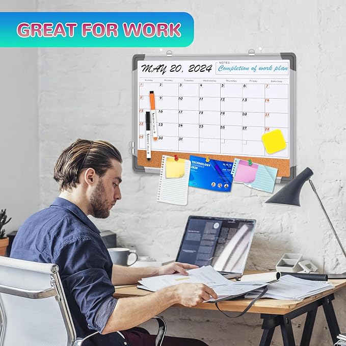 Monthly Calendar Whiteboard Dry Erase Cork Board Combination for Wall, 24"x18" Magnetic Dry Erase Board, Double-Sided White Board, Portable Board for Office, Kitchen, Planning, Memo, School, Home-DeskLoop Office