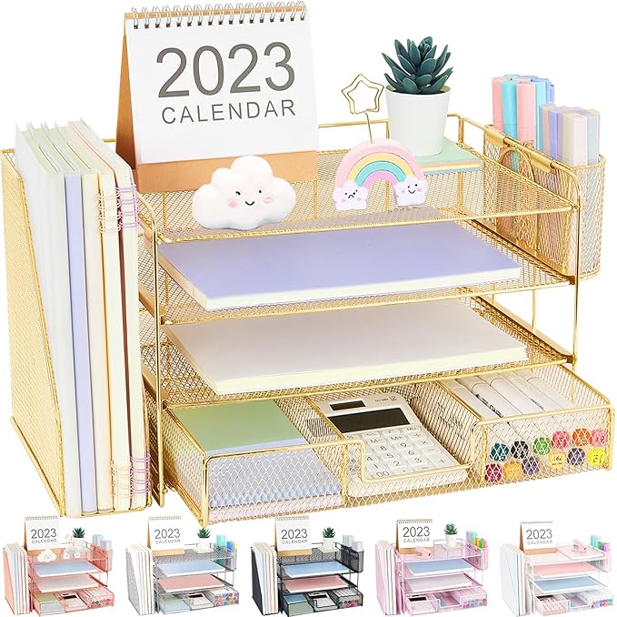 Desk Organizer and Accessories, 4-Tier Desktop File Organizer with Drawer and 2 Pen Holders, Office Desk Accessories for Office Supplies(Gold)-DeskLoop Office