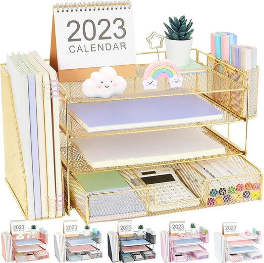 Desk Organizer and Accessories, 4-Tier Desktop File Organizer with Drawer and 2 Pen Holders, Office Desk Accessories for Office Supplies(Gold)-DeskLoop Office