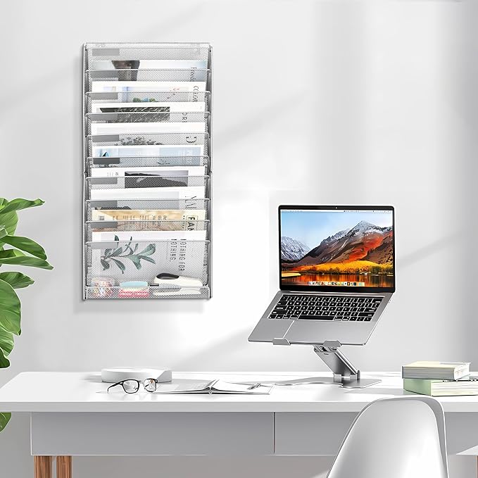 EasyPAG 11 Tier Wall File Holder with Flat Tray, Silver | Easy Assemble Mesh Desk File Organizer | 10-Folder Paper Storage | Replaceable Classify Labels | Space Saving Mail Organizer for Office Home-DeskLoop Office