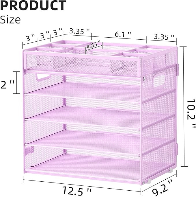 Marbrasse 5-Tier Letter Tray Paper Organizer with Handle, Multi-Functional Mesh File Organizer for Desk, Adjustable Compartments Mesh Desktop Storage for Office Supplies, Purple-DeskLoop Office